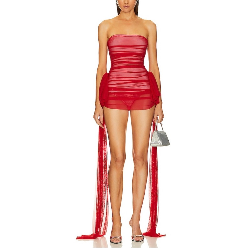 Norma Kamali Strapless Bill Pickleball with Bow Dress in Tiger Red & Snow White